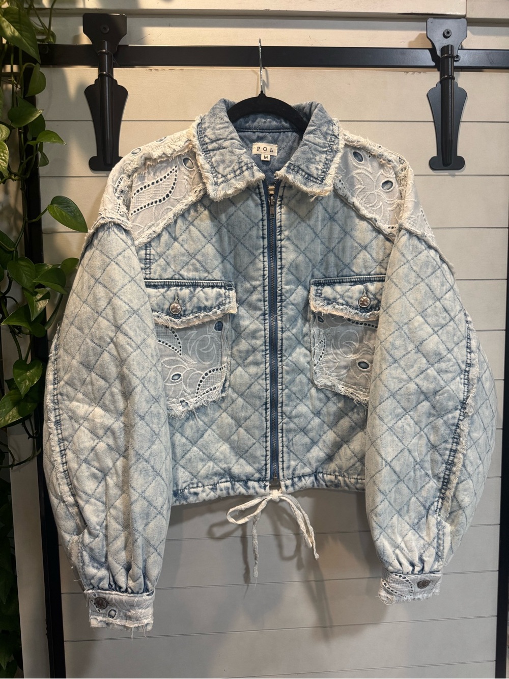 POL Light Blue Quilted Denim Jacket with Lace Insets